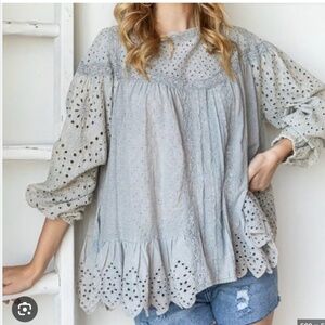 Oli & Hali Oversized Washed Denim Eyelet Babydoll Top • Boho Cottagecore • Large